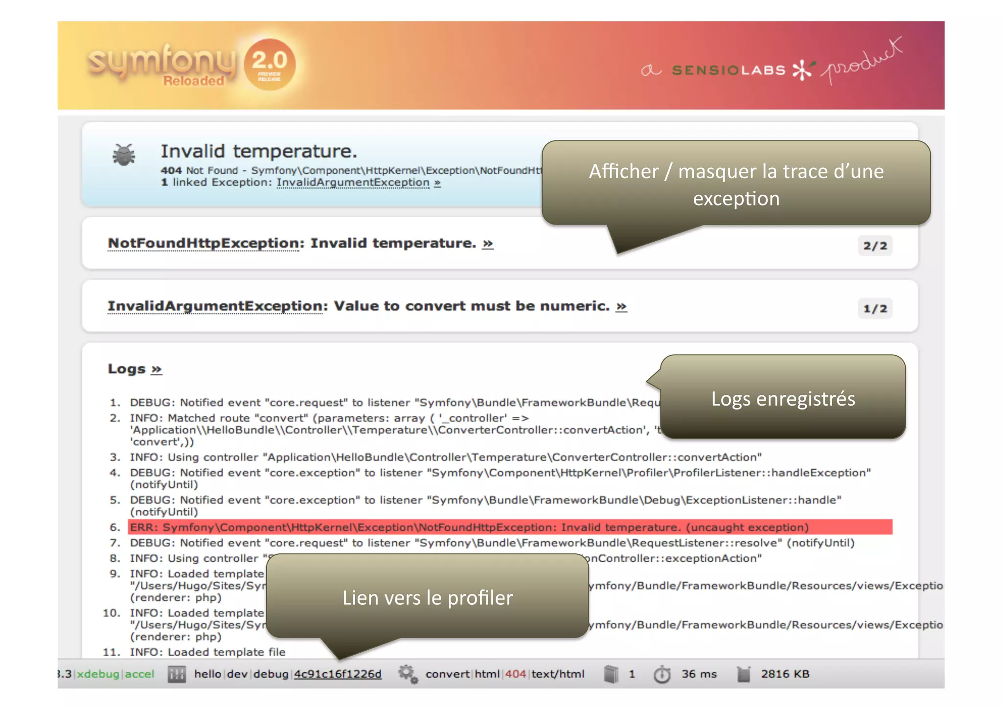 Aﬃcher  /  masquer  la  trace  d’une   excep0on   Logs  enregistrés   Lien  vers  le  proﬁler   