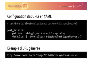 Con guration des URLs en YAML
# src/Bundle/BlogBundle/Resources/config/routing.yml

post_details:
    pattern: /blog/:year/:month/:day/:slug
    defaults: { _controller: BlogBundle:Blog:showPost }



Exemple d’URL générée
http://www.domain.com/blog/2010/09/15/symfony2-rocks
 