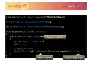 # src/Application/BlogBundle/Controller/BlogController.php

namespace ApplicationBlogBundleController;

use SymfonyBundleFrameworkBundleControllerController;

class BlogController extends Controller
{
    public function showAction($id)     Paramètres	
  de	
  l’url	
  
    {
        // find the article by its id
        $post = ...;

         // render the view
         return $this->render('BlogBundle:Blog:show', array('post' => $post));
    }
}
                                     Template	
  à	
  rendre	
          Variables	
  du	
  template	
  
 