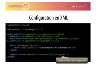 Con guration en XML
# app/config/routing.xml

<?xml version="1.0" encoding="UTF-8" ?>

<routes xmlns="http://www.symfony-project.org/schema/routing"
    xmlns:xsi="http://www.w3.org/2001/XMLSchema-instance"
    xsi:schemaLocation="http://www.symfony-project.org/schema/routing http://
www.symfony-project.org/schema/routing/routing-1.0.xsd">

    <route id="homepage" pattern="/">
        <default key="_controller">FrameworkBundle:Default:index</default>
    </route>

    <import resource="HelloBundle/Resources/config/routing.xml" />
</routes>

                                                      Import	
  d’une	
  autre	
  conﬁgura0on	
  
 