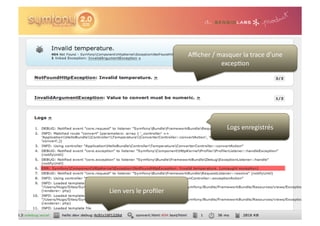 Aﬃcher	
  /	
  masquer	
  la	
  trace	
  d’une	
  
                                                    excep0on	
  




                                                        Logs	
  enregistrés	
  




Lien	
  vers	
  le	
  proﬁler	
  
 
