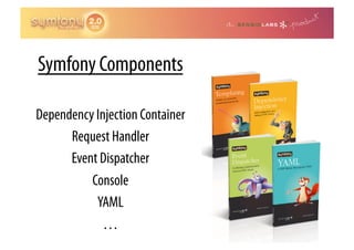 Symfony Components

Dependency Injection Container
      Request Handler
      Event Dispatcher
          Console
           YAML
             …
 