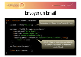 Envoyer un Email
public function indexAction($name)
{                                                 Récupéra0on	
  du	
  service	
  d’envoi	
  de	
  mails	
  
    $mailer = $this['mailer'];

    $message = Swift_Message::newInstance()
         ->setSubject('Hello Email')
         ->setFrom('send@example.com')
         ->setTo('recipient@example.com')
         ->setBody($this->renderView('HelloBundle:Hello:email', array(
             'name' => $name
    )));                                   Généra0on	
  du	
  corps	
  du	
  mail	
  à	
  l’aide	
  
                                                          d’un	
  template	
  et	
  de	
  la	
  méthode	
  
    $mailer->send($message);                                         renderView()	
  
    return $this->render(...);
}
 