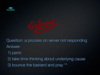 Question: a process on server not responding
Answer:
1) panic
2) take time thinking about underlying cause
3) bounce the bastard and pray **
 