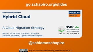 www.immobilienscout24.de
Berlin | 28.04.2016 | Schlomo Schapiro
Systems Architect / Open Source Evangelist
http://creativecommons.org/licenses/by-nd/4.0
Hybrid Cloud
A Cloud Migration Strategy
@schlomoschapiro
go.schapiro.org/slides
 
