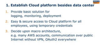 1. Establish Cloud platform besides data center
1. Solve common problems:
security, compliance and cost control
2. Provide basic solution for
logging, monitoring, deployment
3. Easy & secure access to Cloud platform for all
employees, using temporary credentials
4. Decide upon macro architecture,
e.g. many AWS accounts, communication over public
Internet without VPN, OAuth2 everywhere
 