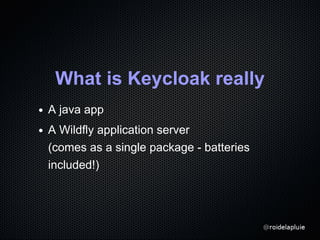 What is Keycloak really
A java app
A Wildfly application server
(comes as a single package - batteries
included!)
 