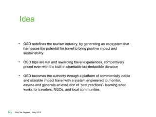 Only Six Degrees | May 2013
Idea
• OSD redefines the tourism industry, by generating an ecosystem that
harnesses the potential for travel to bring positive impact and
sustainability
• OSD trips are fun and rewarding travel experiences, competitively
priced even with the built-in charitable tax-deductible donation
• OSD becomes the authority through a platform of commercially viable
and scalable impact travel with a system engineered to monitor,
assess and generate an evolution of ‘best practices’- learning what
works for travelers, NGOs, and local communities
 