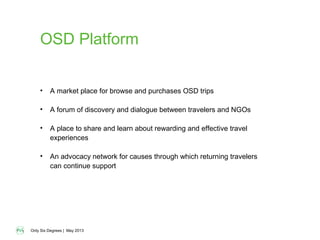 Only Six Degrees | May 2013
OSD Platform
• A market place for browse and purchases OSD trips
• A forum of discovery and dialogue between travelers and NGOs
• A place to share and learn about rewarding and effective travel
experiences
• An advocacy network for causes through which returning travelers
can continue support
 