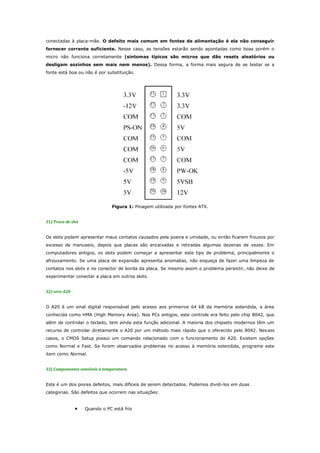 conectadas à placa-mãe. O defeito mais comum em fontes de alimentação é ela não conseguir
fornecer corrente suficiente. Nesse caso, as tensões estarão sendo apontadas como boas porém o
micro não funciona corretamente (sintomas típicos são micros que dão resets aleatórios ou
desligam sozinhos sem mais nem menos). Dessa forma, a forma mais segura de se testar se a
fonte está boa ou não é por substituição.

Figura 1: Pinagem utilizada por fontes ATX.
31) Troca de slot
Os slots podem apresentar maus contatos causados pela poeira e umidade, ou então ficarem frouxos por
excesso de manuseio, depois que placas são encaixadas e retiradas algumas dezenas de vezes. Em
computadores antigos, os slots podem começar a apresentar este tipo de problema, principalmente o
afrouxamento. Se uma placa de expansão apresenta anomalias, não esqueça de fazer uma limpeza de
contatos nos slots e no conector de borda da placa. Se mesmo assim o problema persistir, não deixe de
experimentar conectar a placa em outros slots.
32) erro A20
O A20 é um sinal digital responsável pelo acesso aos primeiros 64 kB da memória estendida, a área
conhecida como HMA (High Memory Area). Nos PCs antigos, este controle era feito pelo chip 8042, que
além de controlar o teclado, tem ainda esta função adicional. A maioria dos chipsets modernos têm um
recurso de controlar diretamente o A20 por um método mais rápido que o oferecido pelo 8042. Nes ses
casos, o CMOS Setup possui um comando relacionado com o funcionamento do A20. Existem opções
como Normal e Fast. Se forem observados problemas no acesso à memória estendida, programe este
item como Normal.
33) Componentes sensíveis à temperatura
Este é um dos piores defeitos, mais difíceis de serem detectados. Podemos dividi-los em duas
categorias. São defeitos que ocorrem nas situações:

•

Quando o PC está frio

 
