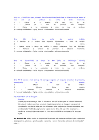 Erro 691 O computador para qual está discando não consegue estabelecer uma conexão de acesso a
rede

dial

1

-

2

up

-

3

-

Checar

se

Checar

-

Checar

verifique
o

se
se

sua
servidor

a

ha

senha
local

rede
a

tente

está

do

protocolos

e

fora

windows

mais

novamente.
do

está

na

rede

ar.

completa.

do

windows.

4 - Remover o adaptador e Tcp/ip, reiniciar o computador e adicionar novamente.

Erro
1

691
-

Nome

Verificar

se

ou

o

está

usuário

2
3

senha
digitando

de
corretamente

-

4

Apagar
-

nome

e

Remover

usuário
o

inválido.

nome

de

usuário.

Checar

senha
a

de

usuário

conexão

e

digitar

do

senha.

novamente

provedor

e

(erro

de

adicionar

Windows).
novamente.

5 - Remover o Adaptador e Tcp/ip, reiniciar o computador e adicionar novamente.

Erro

718

Esgotamento

1

-

Checar

2
3

-

se

Checar

-

Checar

de

tempo
o

se
se

PPP

servidor
a

ha

do

local

rede

protocolos

(Erro

autenticação

está

do
a

de

fora

windows

mais

do

está

na

rede

interna.)

do

ar.

completa.
windows.

4 - Remover o adaptador e Tcp/ip, reiniciar o computador e adicionar novamente.

Erro 720 O acesso a rede dial up não consegue negociar um conjunto compatível de protocolos,
especificados
1

no
-

2

Checar
-

3

-

tipo
a

Adicionar
Remover

a

de
rede

String
conexão

servidor.
do

windows.

para
e

adicionar

modem.
novamente.

4 - Remover o adaptador e Tcp/ip, reiniciar o computador e adicionar novamente.
40) Modem Sem tom de discagem
Resposta:
Existem pequenas diferenças entre as freqüências dos tons de discagem de centrais telefônicas
diferentes. O modem reconhece uma certa freqüência como tom de discagem, e se a central
(normalmente centrais de PABX têm tons diferentes) gerar um tom com freqüência diferente, não
será detectado. Você terá que programar a placa com a string X3, que indica para ignorar a
freqüência. A configuração no Windows XP é um pouco diferente da configuração no Windows
9x/ME.
No Windows XP, abra o quadro de propriedades do modem pelo Painel de controle ou pelo Gerenciador
de dispositivos, selecione a guia Avançadas e preencha o campo “Comandos adicionais de inicialização”
com X3.

 