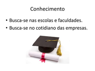 Conhecimento
• Busca-se nas escolas e faculdades.
• Busca-se no cotidiano das empresas.
 