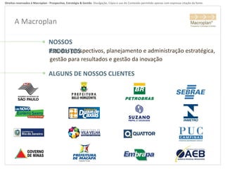 A Macroplan Estudos prospectivos, planejamento e administração estratégica, gestão para resultados e gestão da inovação NOSSOS PRODUTOS ALGUNS DE NOSSOS CLIENTES 