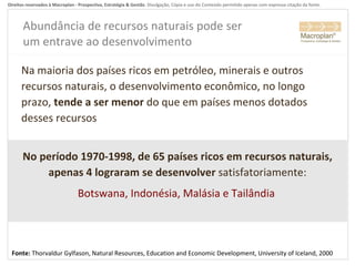 Abundância de recursos naturais pode ser um entrave ao desenvolvimento Na maioria dos países ricos em petróleo, minerais e outros recursos naturais, o desenvolvimento econômico, no longo prazo,  tende a ser menor  do que em países menos dotados desses recursos  No período 1970-1998, de 65 países ricos em recursos naturais, apenas 4 lograram se desenvolver  satisfatoriamente: Fonte:  Thorvaldur Gylfason, Natural Resources, Education and Economic Development, University of Iceland, 2000 Botswana, Indonésia, Malásia e Tailândia 