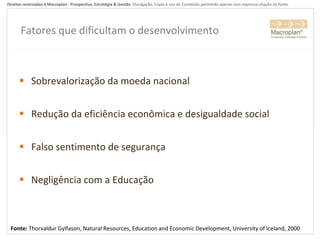 Fatores que dificultam o desenvolvimento Sobrevalorização da moeda nacional Redução da eficiência econômica e desigualdade social Falso sentimento de segurança Negligência com a Educação Fonte:  Thorvaldur Gylfason, Natural Resources, Education and Economic Development, University of Iceland, 2000 