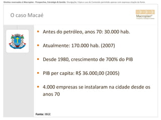 O caso Macaé Antes do petróleo, anos 70: 30.000 hab. Atualmente: 170.000 hab. (2007) Desde 1980, crescimento de 700% do PIB PIB per capita: R$ 36.000,00 (2005) 4.000 empresas se instalaram na cidade desde os anos 70 Fonte:  IBGE 