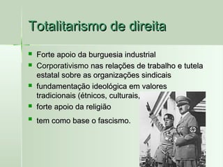 Totalitarismo de direita








Forte apoio da burguesia industrial
Corporativismo nas relações de trabalho e tutela
estatal sobre as organizações sindicais
fundamentação ideológica em valores
tradicionais (étnicos, culturais, religiosos)
forte apoio da religião
tem como base o fascismo.

 