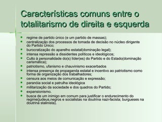 Características comuns entre o
totalitarismo de direita e esquerda













regime de partido único (e um partido de massas);
centralização dos processos de tomada de decisão no núcleo dirigente
do Partido Único;
burocratização do aparelho estatal(dominação legal);
intensa repressão a dissidentes políticos e ideológicos;
Culto à personalidade do(s) líder(es) do Partido e do Estado(dominação
carismática);
patriotismo, ufanismo e chauvinismo exacerbados
intensa presença de propaganda estatal e incentivo ao patriotismo como
forma de organização dos trabalhadores;
censura aos meios de comunicação e expressão;
paranóia social e patrulha ideológica
militarização da sociedade e dos quadros do Partido;
expansionismo.
busca de um inimigo em comum para justificar o endurecimento do
regime(judeus,negros e socialistas na doutrina nazi-facista; burgueses na
doutrina stalinista).

 