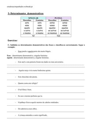 estudosacompanhados.webnode.pt 
3- Determinantes demonstrativos 
SINGULAR PLURAL 
Masculino Feminino Masculino Feminino 
este 
esse 
aquele 
o outro 
o mesmo 
esta 
essa 
aquela 
a outra 
a mesma 
estes 
esses 
aqueles 
os outros 
os mesmos 
estas 
essas 
aquelas 
as outras 
as mesmas 
tal tais 
Exercícios: 
C. Sublinha os determinantes demonstrativos das frases e classifica-os correctamente. Segue o 
exemplo: 
- Essa janela e aquela porta são muito frágeis. 
Essa – determinante demonstrativo, singular feminino. 
aquela - determinante demonstrativo, singular feminino. 
- Este anel e esta pulseira foram-me dados no meu aniversário. 
___________________________________________________________________________________ 
____________________________________________________________________________________ 
- Aquela moça vivia numa lindíssima quinta. 
___________________________________________________________________________________ 
- Este chocolate não presta. 
____________________________________________________________________________________ 
- Quanto custa este relógio? 
___________________________________________________________________________________ 
- O tal filme é bom. 
____________________________________________________________________________________ 
- Eu uso o mesmo perfume que tu. 
____________________________________________________________________________________ 
- O palhaço fixava aquele menino de cabelos ondulados. 
___________________________________________________________________________________ 
- Ele admirava esses olhos. 
___________________________________________________________________________________ 
- A criança entendeu o outro significado. 
____________________________________________________________________________________ 
 