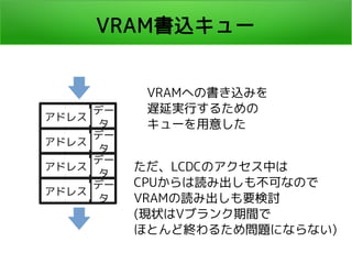 VRAM書込キュー
アドレス
デー
タ
アドレス
デー
タ
アドレス
デー
タ
アドレス
デー
タ
VRAMへの書き込みを
遅延実行するための
キューを用意した
ただ、LCDCのアクセス中は
CPUからは読み出しも不可なので
VRAMの読み出し...