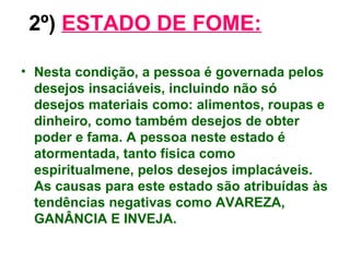 2º)   ESTADO DE FOME: Nesta condição, a pessoa é governada pelos desejos insaciáveis, incluindo não só desejos materiais como: alimentos, roupas e dinheiro, como também desejos de obter poder e fama. A pessoa neste estado é atormentada, tanto física como espiritualmene, pelos desejos implacáveis. As causas para este estado são atribuídas às tendências negativas como AVAREZA, GANÂNCIA E INVEJA.  