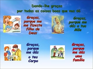 Dando-lhe graças por todas as coisas boas que nos dá Graças, porque me me fizeste filho de Deus Graças, porque me dás a tua Mãe Graças, porque me dás  o teu Corpo Graças, porque me dás uma família 