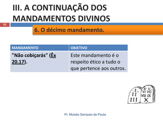 53

III. A CONTINUAÇÃO DOS
MANDAMENTOS DIVINOS
6. O décimo mandamento.
MANDAMENTO

OBJETIVO

"Não cobiçarás" (Êx
20.17).

Este mandamento é o
respeito ético a tudo o
que pertence aos outros.

Pr. Moisés Sampaio de Paula

 