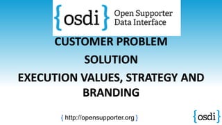 CUSTOMER PROBLEM
SOLUTION
EXECUTION VALUES, STRATEGY AND
BRANDING
{ http://opensupporter.org }
 