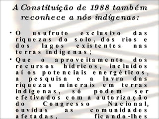 A Constituição de 1988 também reconhece a nós indígenas: O usufruto exclusivo das riquezas do solo, dos rios e dos lagos existentes nas terras indígenas; Que o aproveitamento dos recursos hídricos, incluídos aí os potenciais energéticos, a pesquisa e a lavra das riquezas minerais em terras indígenas, só podem ser efetivados com a autorização do Congresso Nacional, ouvidas as comunidades afetadas, ficando-lhes assegurada a participação nos resultados da lavra; 