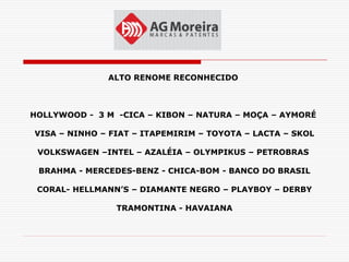 ALTO RENOME RECONHECIDO



HOLLYWOOD - 3 M -CICA – KIBON – NATURA – MOÇA – AYMORÉ

VISA – NINHO – FIAT – ITAPEMIRIM – TOYOTA – LACTA – SKOL

 VOLKSWAGEN –INTEL – AZALÉIA – OLYMPIKUS – PETROBRAS

 BRAHMA - MERCEDES-BENZ - CHICA-BOM - BANCO DO BRASIL

 CORAL- HELLMANN’S – DIAMANTE NEGRO – PLAYBOY – DERBY

                TRAMONTINA - HAVAIANA
 