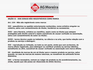 SEÇÃO II - DOS SINAIS NÃO REGISTRÁVEIS COMO MARCA

Art. 124 - Não são registráveis como marca:

XVI - pseudônimo ou apelido notoriamente conhecidos, nome artístico singular ou
coletivo, salvo com consentimento do titular, herdeiros ou sucessores;

XVII - obra literária, artística ou científica, assim como os títulos que estejam
protegidos pelo direito autoral e sejam suscetíveis de causar confusão ou associação,
salvo com consentimento do autor ou titular;

XVIII - termo técnico usado na indústria, na ciência e na arte, que tenha relação com o
produto ou serviço a distinguir;

XIX - reprodução ou imitação, no todo ou em parte, ainda que com acréscimo, de
marca alheia registrada, para distinguir ou certificar produto ou serviço idêntico,
semelhante ou afim, suscetível de causar confusão ou associação com marca alheia;

XX - dualidade de marcas de um só titular para o mesmo produto ou serviço, salvo
quando, no caso de marcas de mesma natureza, se revestirem de suficiente forma
distintiva;

XXI - a forma necessária, comum ou vulgar do produto ou de acondicionamento, ou,
ainda, aquela que não possa ser dissociada de efeito técnico;
 