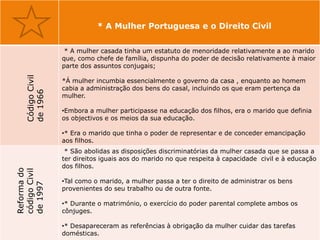 * A Mulher Portuguesa e o Direito Civil


                    * A mulher casada tinha um estatuto de menoridade relativamente a ao marido
                   que, como chefe de família, dispunha do poder de decisão relativamente à maior
                   parte dos assuntos conjugais;
    Código Civil




                   *Á mulher incumbia essencialmente o governo da casa , enquanto ao homem
                   cabia a administração dos bens do casal, incluindo os que eram pertença da
    de 1966




                   mulher.

                   •Embora a mulher participasse na educação dos filhos, era o marido que definia
                   os objectivos e os meios da sua educação.

                   •* Era o marido que tinha o poder de representar e de conceder emancipação
                   aos filhos.
                    * São abolidas as disposições discriminatórias da mulher casada que se passa a
                   ter direitos iguais aos do marido no que respeita à capacidade civil e à educação
                   dos filhos.
Reforma do
código Civil




                   •Tal como o marido, a mulher passa a ter o direito de administrar os bens
de 1997




                   provenientes do seu trabalho ou de outra fonte.

                   •* Durante o matrimónio, o exercício do poder parental complete ambos os
                   cônjuges.

                   •* Desapareceram as referências à obrigação da mulher cuidar das tarefas
                   domésticas.
 