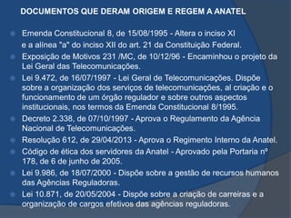 DOCUMENTOS QUE DERAM ORIGEM E REGEM A ANATEL
 Emenda Constitucional 8, de 15/08/1995 - Altera o inciso XI
e a alínea "a" do inciso XII do art. 21 da Constituição Federal.
 Exposição de Motivos 231 /MC, de 10/12/96 - Encaminhou o projeto da
Lei Geral das Telecomunicações.
 Lei 9.472, de 16/07/1997 - Lei Geral de Telecomunicações. Dispõe
sobre a organização dos serviços de telecomunicações, al criação e o
funcionamento de um órgão regulador e sobre outros aspectos
institucionais, nos termos da Emenda Constitucional 8/1995.
 Decreto 2.338, de 07/10/1997 - Aprova o Regulamento da Agência
Nacional de Telecomunicações.
 Resolução 612, de 29/04/2013 - Aprova o Regimento Interno da Anatel.
 Código de ética dos servidores da Anatel - Aprovado pela Portaria nº
178, de 6 de junho de 2005.
 Lei 9.986, de 18/07/2000 - Dispõe sobre a gestão de recursos humanos
das Agências Reguladoras.
 Lei 10.871, de 20/05/2004 - Dispõe sobre a criação de carreiras e a
organização de cargos efetivos das agências reguladoras.
 