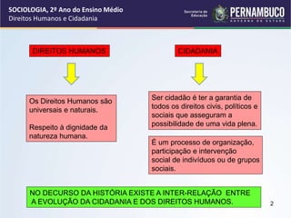 SOCIOLOGIA, 2º Ano do Ensino Médio
Direitos Humanos e Cidadania
DIREITOS HUMANOS
Ser cidadão é ter a garantia de
todos os direitos civis, políticos e
sociais que asseguram a
possibilidade de uma vida plena.
Os Direitos Humanos são
universais e naturais.
Respeito à dignidade da
natureza humana.
É um processo de organização,
participação e intervenção
social de indivíduos ou de grupos
sociais.
NO DECURSO DA HISTÓRIA EXISTE A INTER-RELAÇÃO ENTRE
A EVOLUÇÃO DA CIDADANIA E DOS DIREITOS HUMANOS.
CIDADANIA
2
 