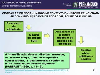 A intensificação desses direitos provocou,
ao mesmo tempo, uma contrapartida
conservadora, a qual procurava conter as
lutas travadas por direitos legítimos
(BARBALET, 1989, p. 11-19).
O conceito
de
cidadania
A partir
do século
XVIII
Ampliaram-se
a esfera
pública e os
direitos dos
cidadãos
Direitos
civis,
políticos e
sociais
CIDADANIA E DIREITOS HUMANOS NO CONTEXTO DA HISTÓRIA RELACIONAM-
-SE COM A EVOLUÇÃO DOS DIREITOS CIVIS, POLÍTICOS E SOCIAIS
http://www.ufpi.br/subsiteFiles/ppged/arquivos/files/eventos/evento2002/GT.5/GT5_11_
2002.pdf
SOCIOLOGIA, 2º Ano do Ensino Médio
Direitos Humanos e Cidadania
21
 