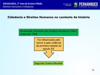 Cidadania e Direitos Humanos no contexto da história
Declaração Universal dos Direitos Humanos (ONU),
criada em 1948.
Segunda Guerra Mundial
Foi influenciada pelo
horror e pela violência
da primeira metade do
século XX.
SOCIOLOGIA, 2º Ano do Ensino Médio
Direitos Humanos e Cidadania
10
 