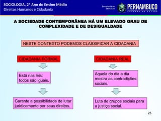 A SOCIEDADE CONTEMPORÂNEA HÁ UM ELEVADO GRAU DE
COMPLEXIDADE E DE DESIGUALDADE
NESTE CONTEXTO PODEMOS CLASSIFICAR A CIDADANIA
CIDADANIA FORMAL CIDADANIA REAL
Está nas leis:
todos são iguais.
Garante a possibilidade de lutar
juridicamente por seus direitos.
Aquela do dia a dia
mostra as contradições
sociais.
Luta de grupos sociais para
a justiça social.
SOCIOLOGIA, 2º Ano do Ensino Médio
Direitos Humanos e Cidadania
25
 