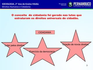 O conceito de cidadania foi gerado nas lutas que
estruturam os direitos universais do cidadão.
CIDADANIA
Lutar pelos direitos.
Exercício da democracia.
Criação de novos direitos.
SOCIOLOGIA, 2º Ano do Ensino Médio
Direitos Humanos e Cidadania
3
 