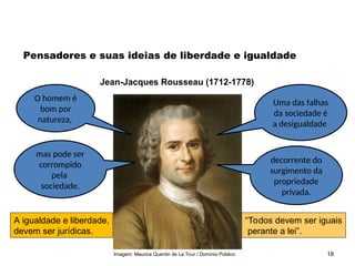 Imagem: Maurice Quentin de La Tour / Domínio Público 18
Pensadores e suas ideias de liberdade e igualdade
Jean-Jacques Rousseau (1712-1778)
O homem é
bom por
natureza,
mas pode ser
corrompido
pela
sociedade.
Uma das falhas
da sociedade é
a desigualdade
decorrente do
surgimento da
propriedade
privada.
A igualdade e liberdade,
devem ser jurídicas.
“Todos devem ser iguais
perante a lei”.
SOCIOLOGIA, 2º Ano do Ensino Médio
Direitos Humanos e Cidadania
 