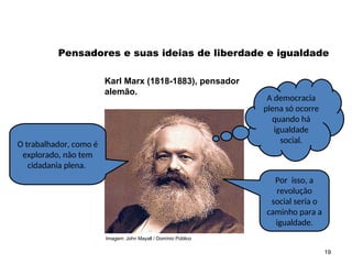 Imagem: John Mayall / Domínio Público
19
Pensadores e suas ideias de liberdade e igualdade
Karl Marx (1818-1883), pensador
alemão.
O trabalhador, como é
explorado, não tem
cidadania plena.
A democracia
plena só ocorre
quando há
igualdade
social.
Por isso, a
revolução
social seria o
caminho para a
igualdade.
SOCIOLOGIA, 2º Ano do Ensino Médio
Direitos Humanos e Cidadania
 
