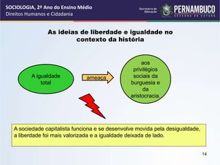 As ideias de liberdade e igualdade no
contexto da história
A igualdade
total
ameaça
aos
privilégios
sociais da
burguesia e
da
aristocracia.
A sociedade capitalista funciona e se desenvolve movida pela desigualdade,
a liberdade foi mais valorizada e a igualdade deixada de lado.
SOCIOLOGIA, 2º Ano do Ensino Médio
Direitos Humanos e Cidadania
14
 