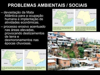 PROBLEMAS AMBIENTAIS / SOCIAIS –  devastação da Mata Atlântica para a ocupação humana e implantação de atividades econômicas. –  processo erosivo acentuado nas áreas elevadas, provocando deslizamentos de terra e desmoronamentos nas épocas chuvosas. 