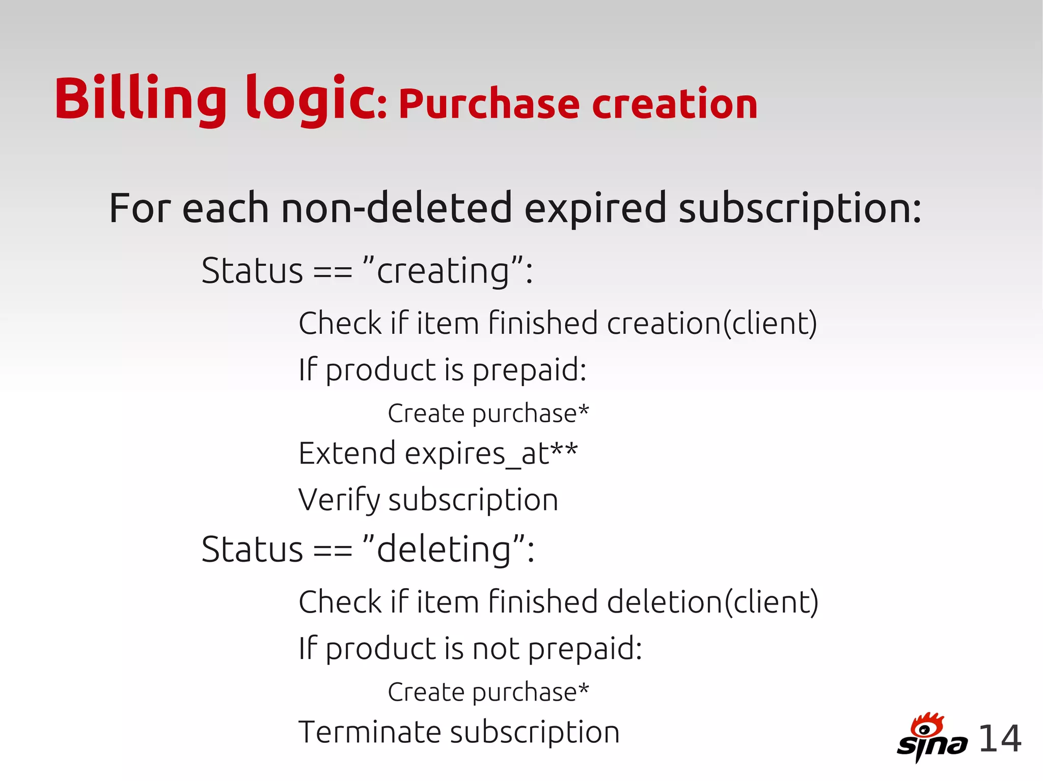 Billing logic: Purchase creation
  For each non-deleted expired subscription:
      Status == ”creating”:
            Check if item finished creation(client)
            If product is prepaid:
                  Create purchase*
            Extend expires_at**
            Verify subscription
      Status == ”deleting”:
            Check if item finished deletion(client)
            If product is not prepaid:
                  Create purchase*
            Terminate subscription                    14
 