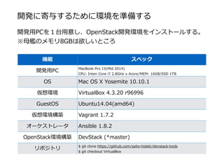 開発に寄与するために環境を準備する
開発⽤用PCを１台⽤用意し、OpenStack開発環境をインストールする。  
※⺟母艦のメモリ8GBは欲しいところ
機能 スペック
開発⽤用PC MacBook  Pro  15(Mid  2014)  
CPU:  Inten  Core  i7  2.8GHz  x  4core/MEM:  16GB/SSD  1TB
OS Mac  OS  X  Yosemite  10.10.1
仮想環境 VirtualBox  4.3.20  r96996
GuestOS Ubuntu14.04(amd64)
仮想環境構築 Vagrant  1.7.2
オーケストレータ Ansible  1.8.2
OpenStack環境構築 DevStack  (*master)
リポジトリ $  git  clone  https://github.com/saito-‐‑‒hideki/devstack-‐‑‒tools  
$  git  checkout  VirtualBox
 