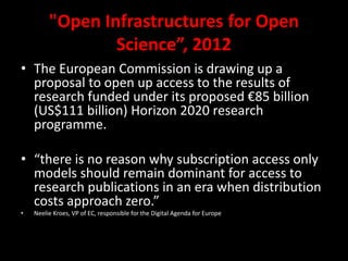 "Open Infrastructures for Open
Science”, 2012
• The European Commission is drawing up a
proposal to open up access to the results of
research funded under its proposed €85 billion
(US$111 billion) Horizon 2020 research
programme.
• “there is no reason why subscription access only
models should remain dominant for access to
research publications in an era when distribution
costs approach zero.”
• Neelie Kroes, VP of EC, responsible for the Digital Agenda for Europe
 