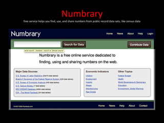 Numbrary
free service helps you find, use, and share numbers from public record data sets, like census data
 