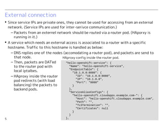 5
External connection
 Since service IPs are private ones, they cannot be used for accessing from an external
network. (Service IPs are used for inter-serivce communication.)
– Packets from an externel network should be routed via a router pod. (HAporxy is
running in it.)
 A service which needs an external access is associated to a router with a specific
hostname. Traffic to this hostname is handled as below:
– DNS replies one of the nodes (accomodating a router pod), and packets are sent to
that node.
"hello-openshift-service": {
"Name": "hello-openshift-service",
"EndpointTable": {
"10.1.0.8:8080": {
"ID": "10.1.0.8:8080",
"IP": "10.1.0.8",
"Port": "8080"
}
},
"ServiceAliasConfigs": {
"hello-openshift.cloudapps.example.com-": {
"Host": "hello-openshift.cloudapps.example.com",
"Path": "",
"TLSTermination": "",
"Certificates": null
}
}
},
– Then, packets are DAT'ed
to the router pod with
local iptalbes.
– HAproxy inside the router
pod redirects (with load
balancing) the packets to
backend pods.
HAproxy config inside the router pod.
 