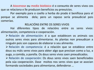 A biocenose ou medio biolóxico é o conxunto de seres vivos cos 
que se relaciona e lle producen beneficios ou prexuicios. 
Por exemplo para o coello a herba do prado é benifiosa para el 
porque se alimenta dela; pero un raposo sería prexudicial pois 
comeríao. 
RELACIÓNS ENTRE OS SERES VIVOS 
Hai diferentes tipos de relacións entre os seres vivos: 
alimentación, competencia e cooperación. 
 Relación de alimentación: é a que establecen os animais cos 
outros seres vivos para alimentarse. As plantas non prexudican a 
ninguén pois son capaces de elaborar o seu alimento. 
 Relación de competencia: é a relación que se establece entre 
dous ou máis seres vivos para obter algo que precisan como a luz, a 
auga, a comida, a parella. Os dous seres vivos saen prexudicados. 
 Relación de cooperación: Os dous seres vivos saen beneficiados 
pola súa cooperación. Dase moitos nos seres vivos que se asocian 
formando sociedades para alimentarse, defenderse … 
 