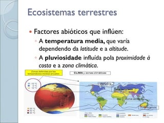 Ecosistemas terrestres
 Factores abióticos que inflúen:
◦ A temperatura media, que varía
dependendo da latitude e a altitude.
◦ A pluviosidade influída pola proximidade á
costa e a zona climática.
 