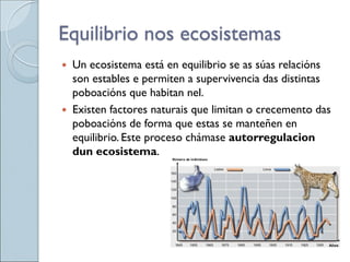 Equilibrio nos ecosistemas
 Un ecosistema está en equilibrio se as súas relacións
son estables e permiten a supervivencia das distintas
poboacións que habitan nel.
 Existen factores naturais que limitan o crecemento das
poboacións de forma que estas se manteñen en
equilibrio. Este proceso chámase autorregulacion
dun ecosistema.
 